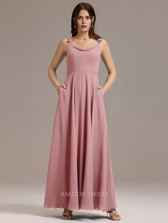 Elegant Scoop Neck Flower Detail Strap Maxi Dress with Pockets Prom Dress