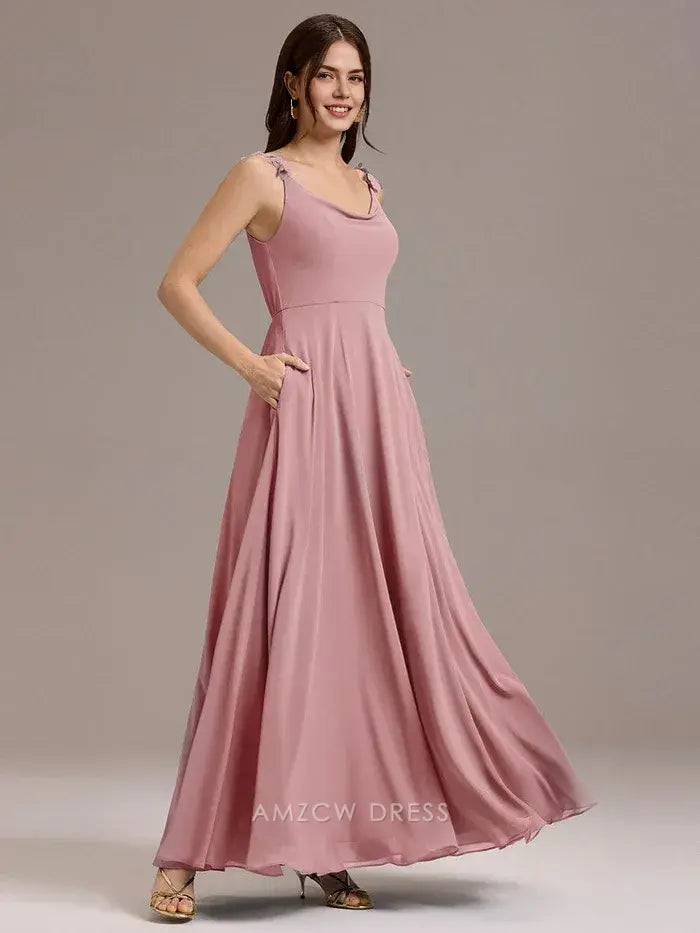 Elegant Scoop Neck Flower Detail Strap Maxi Dress with Pockets Prom Dress