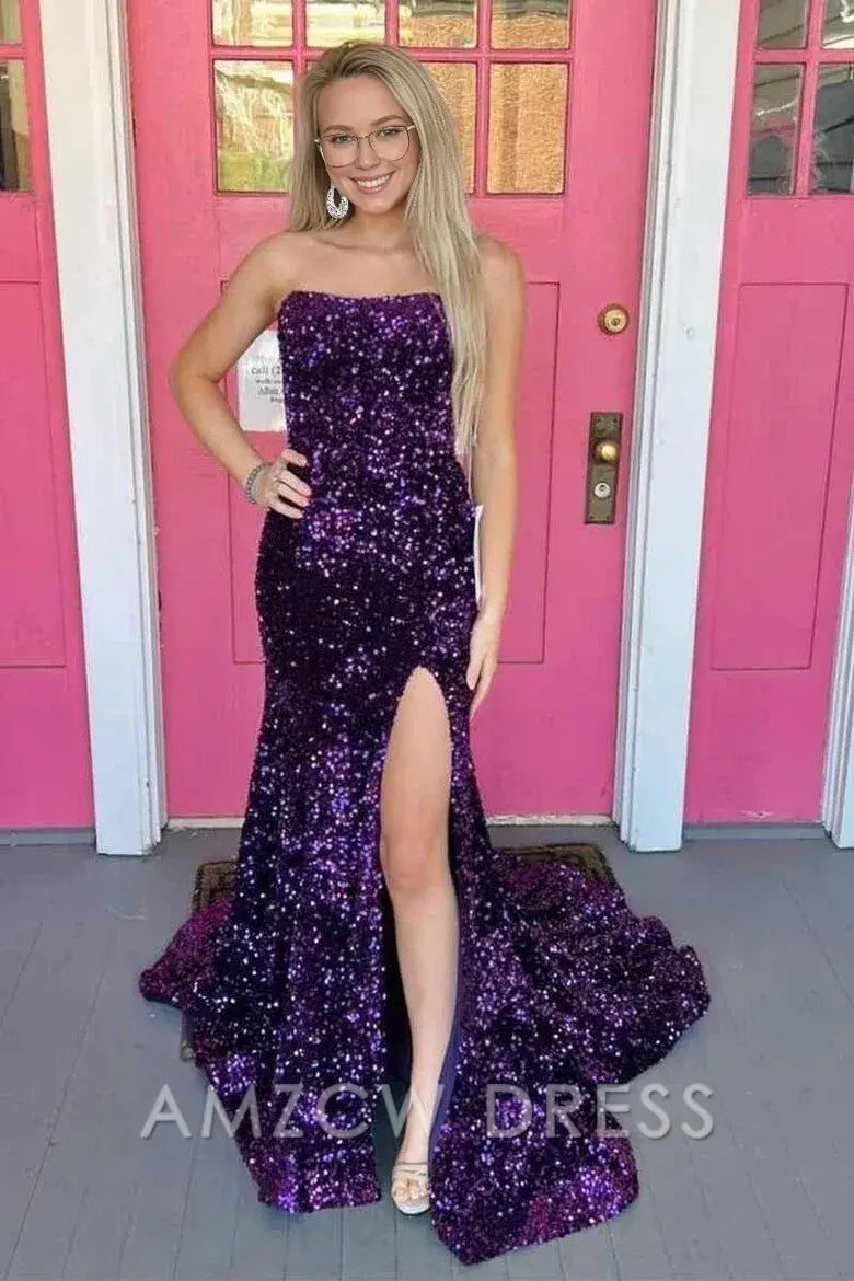 Amzcw Elegant Sequin Strapless Mermaid Long Prom Dress