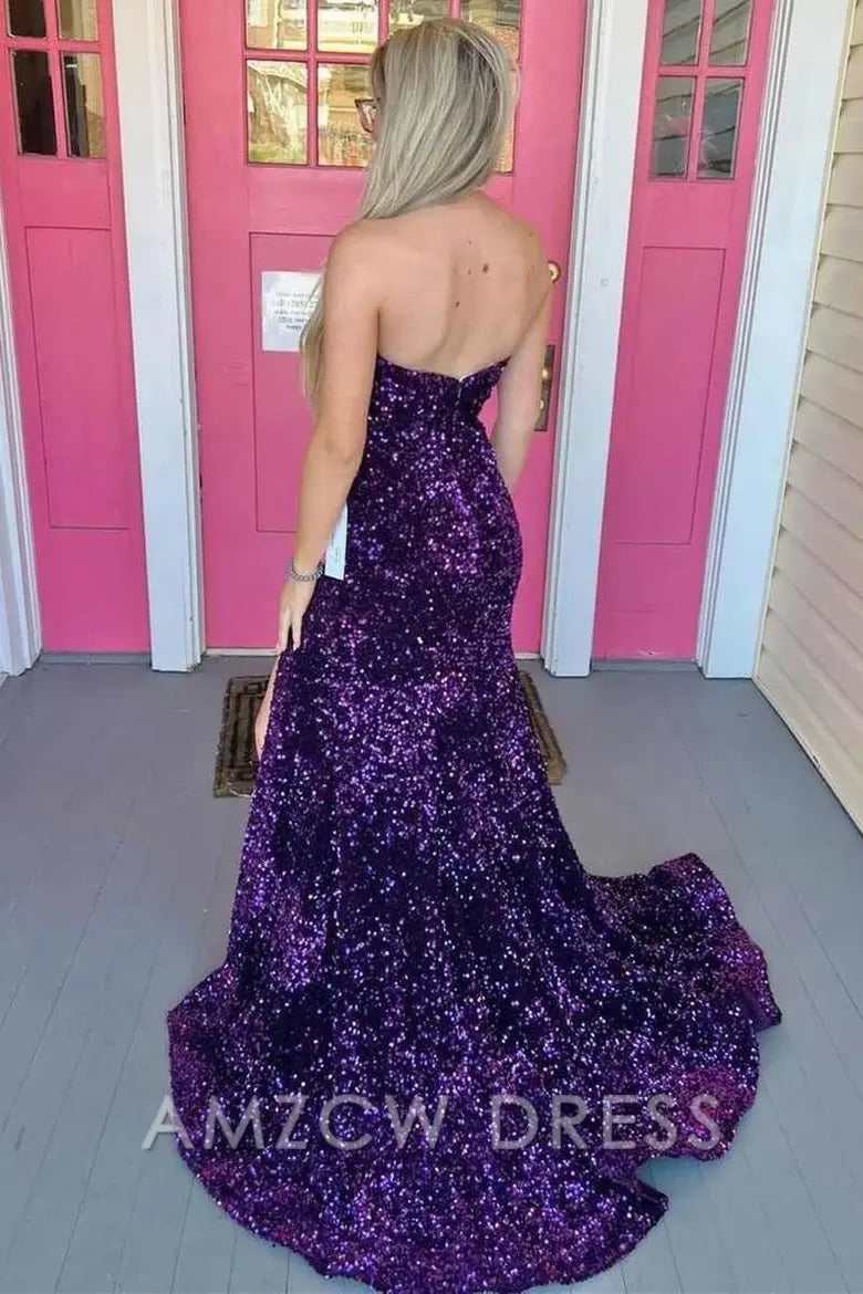 Amzcw Elegant Sequin Strapless Mermaid Long Prom Dress