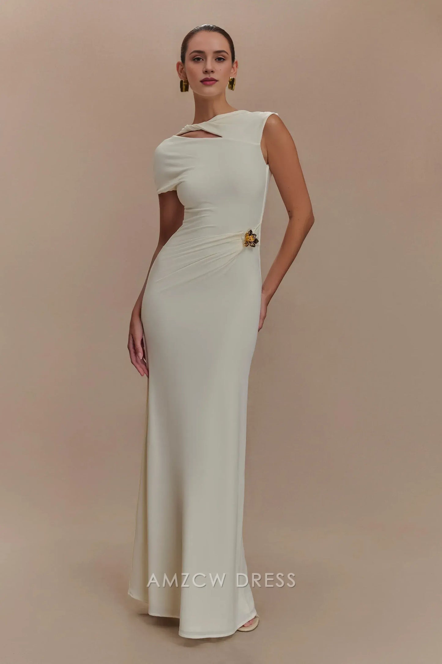 Elegant Sheath/Column Asymmetrical Cap Sleeve Open Back Floor-Length prom dress