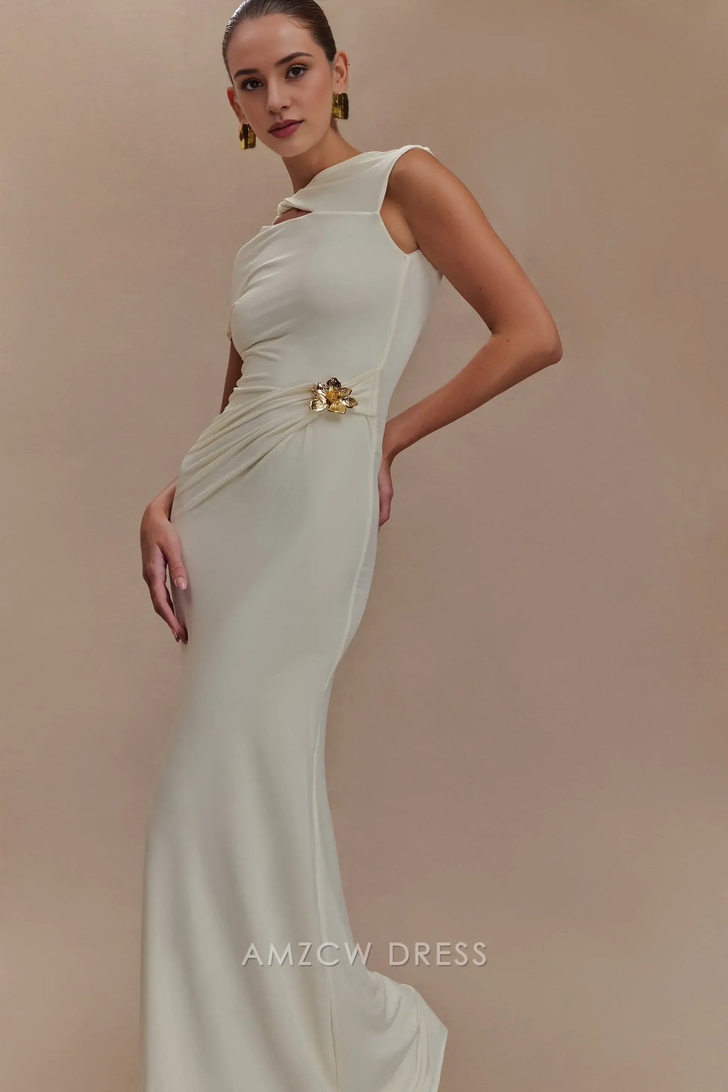 Elegant Sheath/Column Asymmetrical Cap Sleeve Open Back Floor-Length prom dress