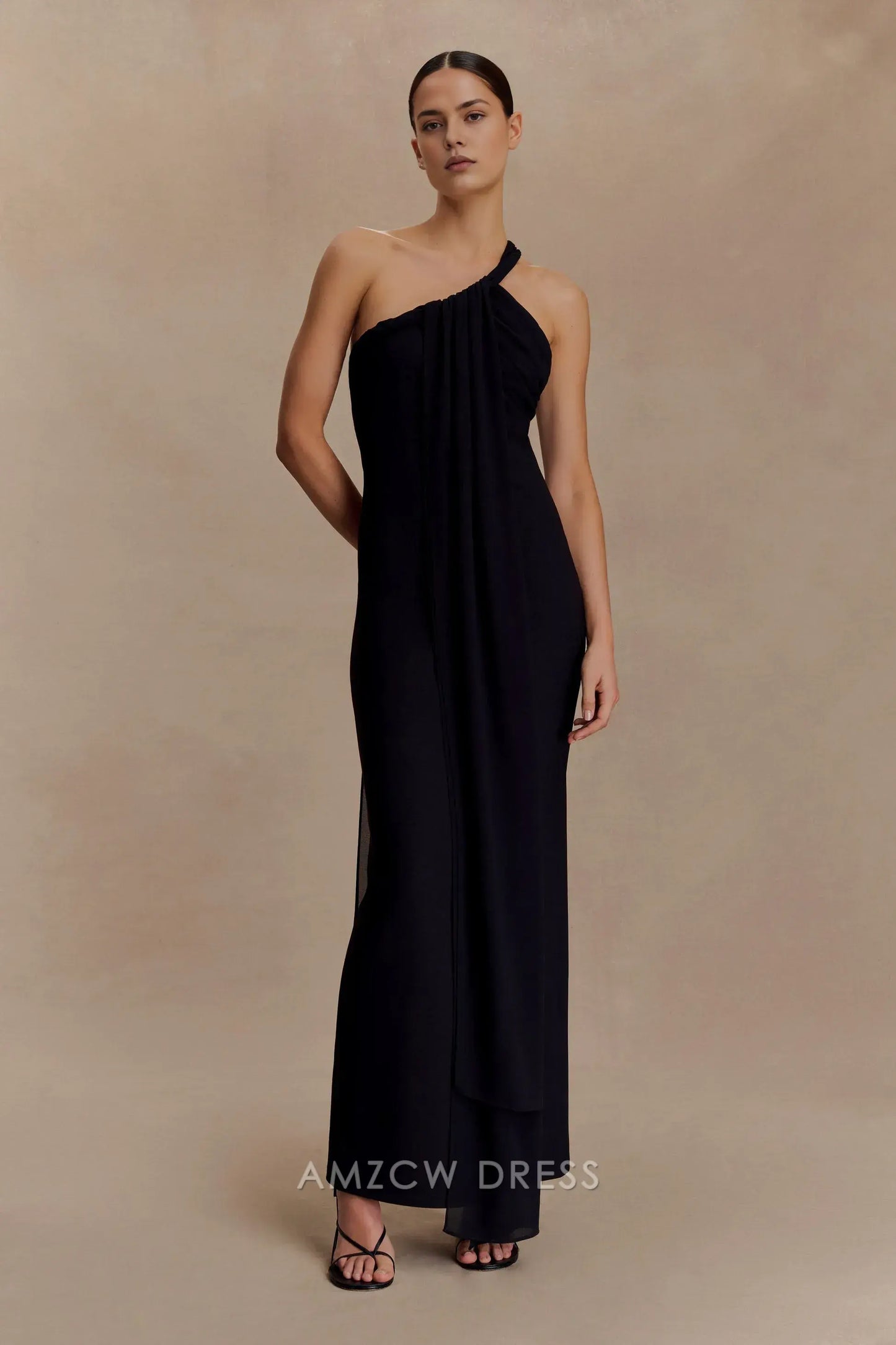 Elegant Sheath/Column One - Shoulder Draped Maxi Dress with Open Back Prom Dress