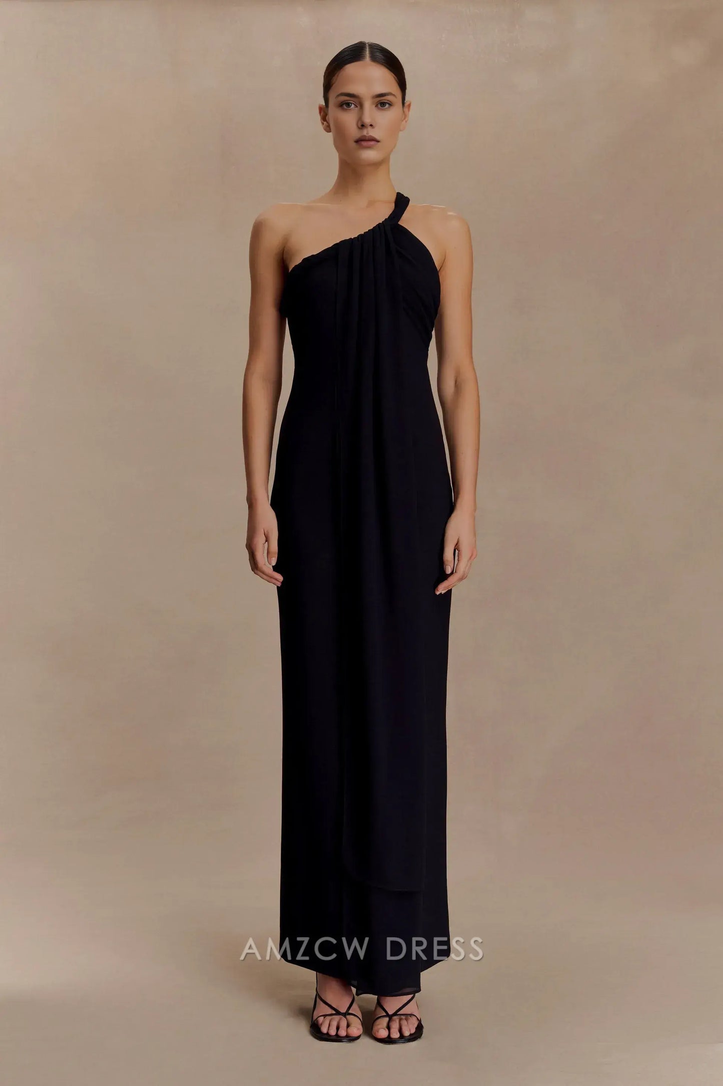 Elegant Sheath/Column One - Shoulder Draped Maxi Dress with Open Back Prom Dress
