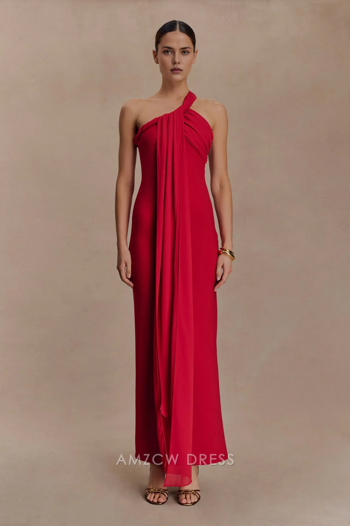 Elegant Sheath/Column One - Shoulder Draped Maxi Dress with Open Back Prom Dress
