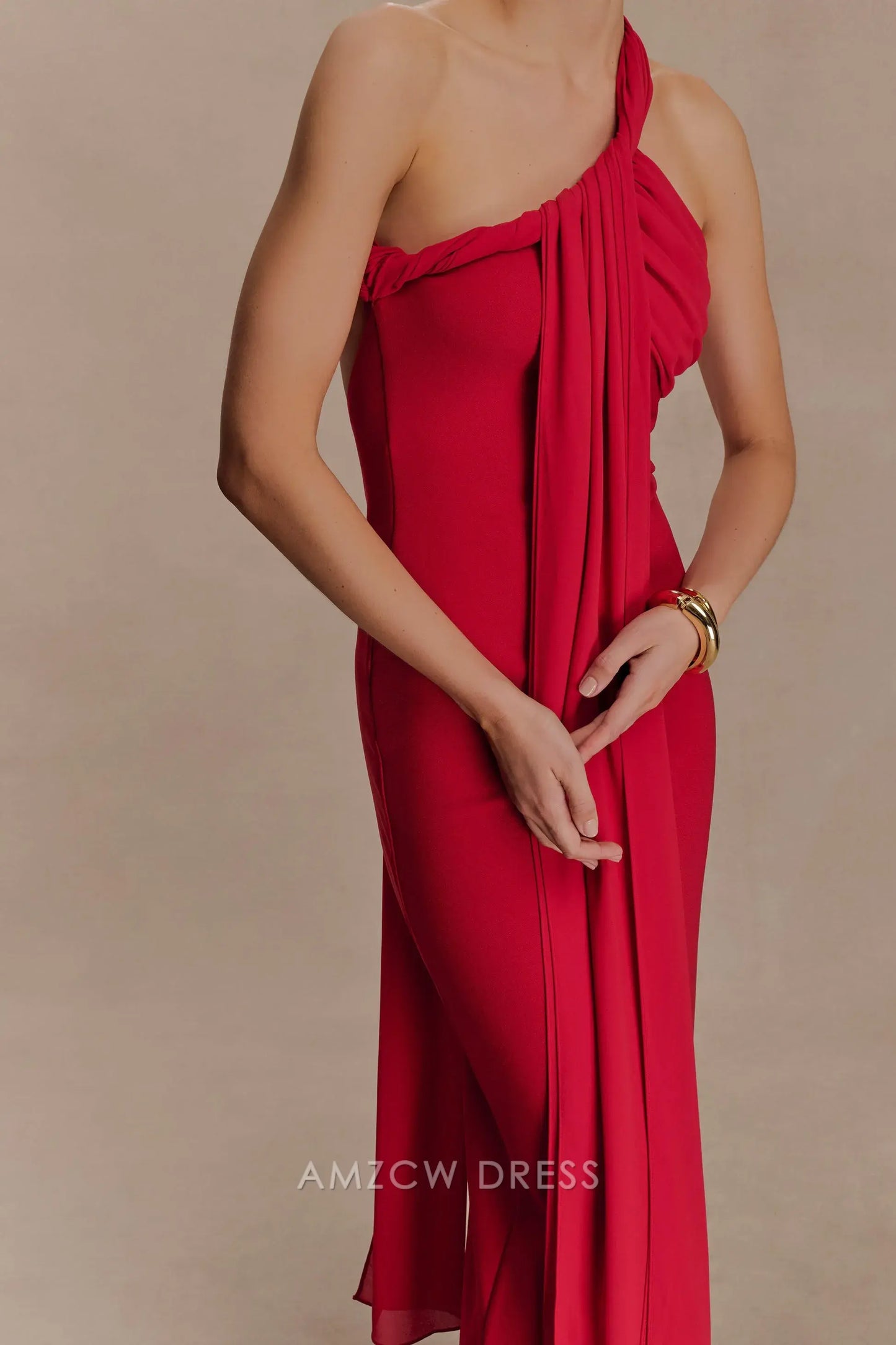 Elegant Sheath/Column One - Shoulder Draped Maxi Dress with Open Back Prom Dress