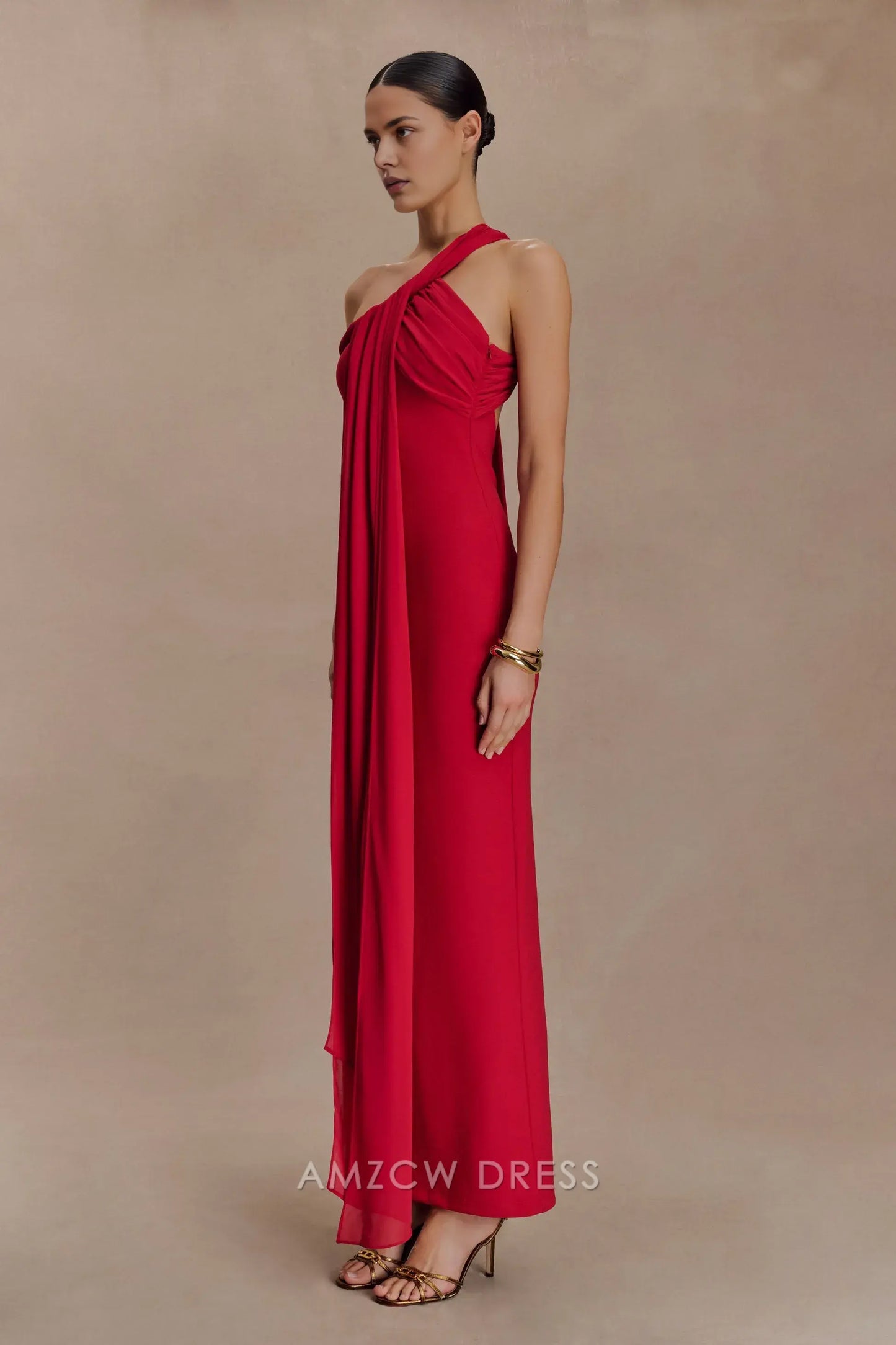 Elegant Sheath/Column One - Shoulder Draped Maxi Dress with Open Back Prom Dress