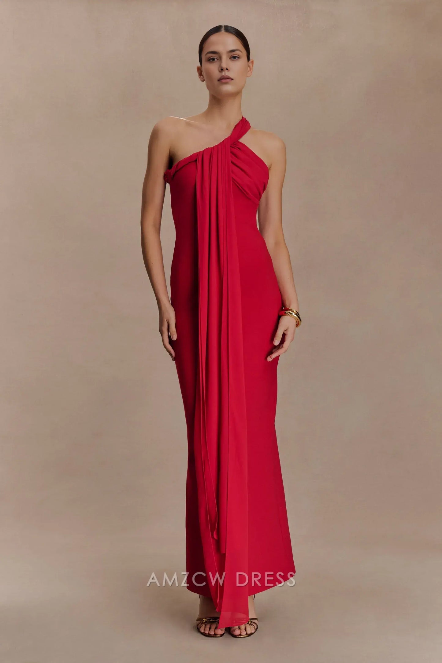 Elegant Sheath/Column One - Shoulder Draped Maxi Dress with Open Back Prom Dress