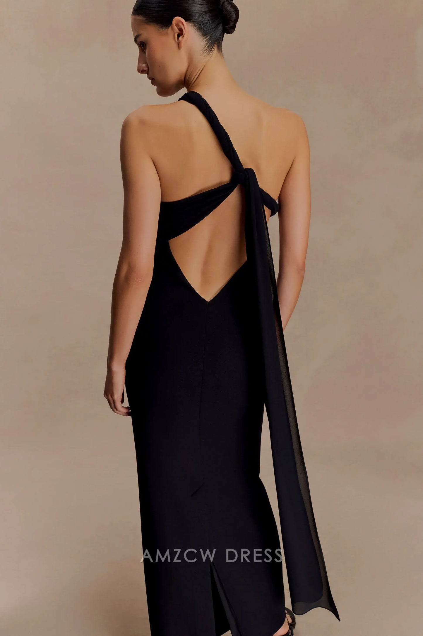 Elegant Sheath/Column One - Shoulder Draped Maxi Dress with Open Back Prom Dress