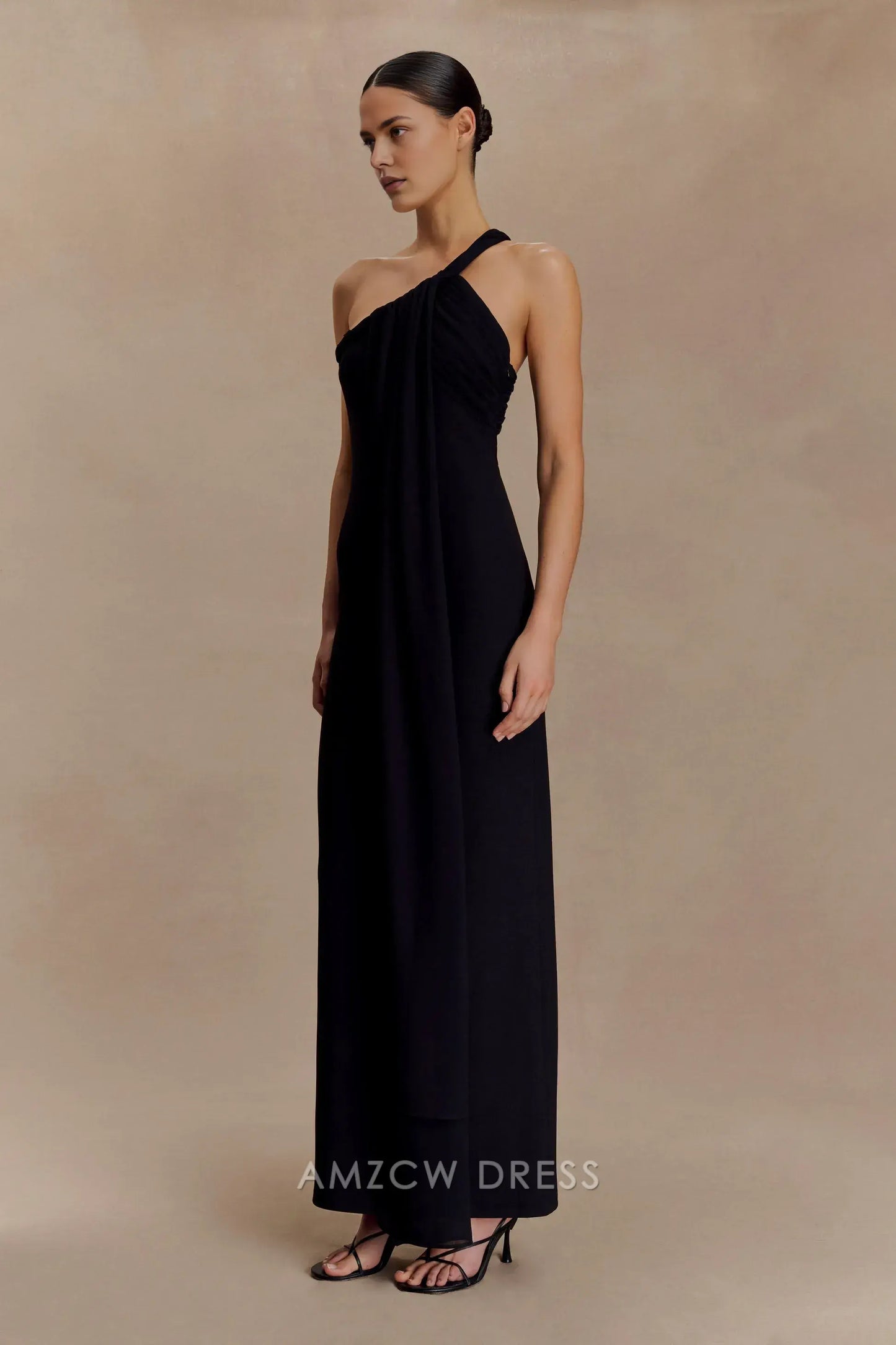 Elegant Sheath/Column One - Shoulder Draped Maxi Dress with Open Back Prom Dress