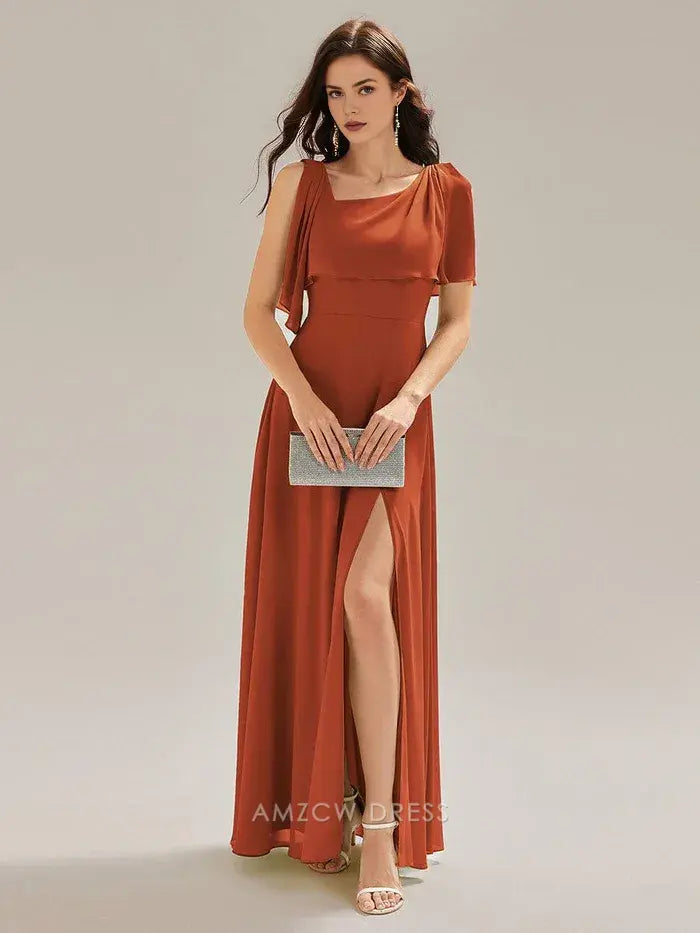 Elegant Sheath/Column Square Neck Draped Sleeve Maxi Dress with Side Slit Prom Dress