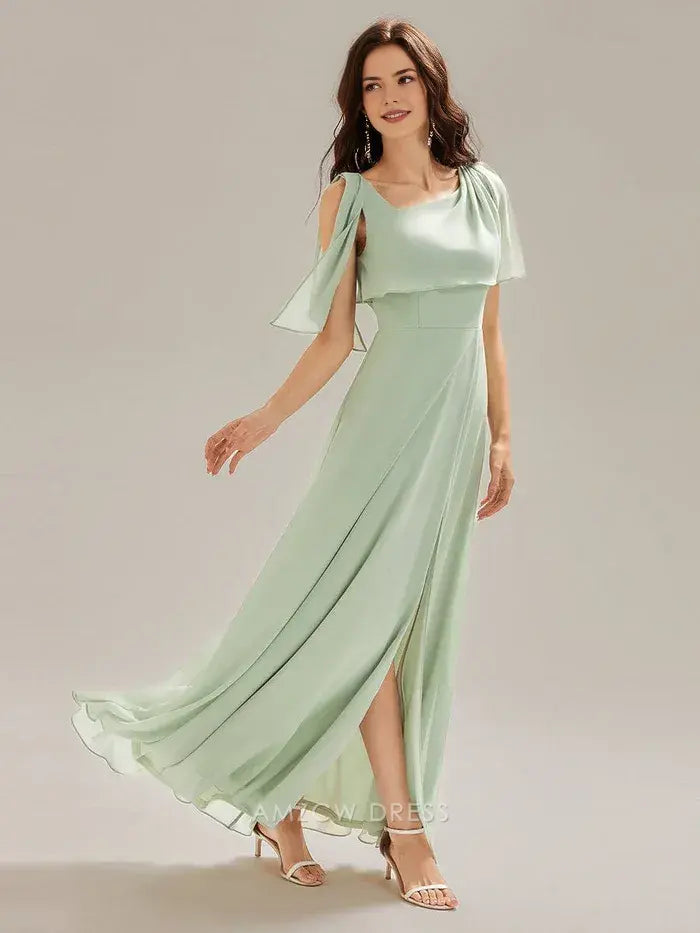 Elegant Sheath/Column Square Neck Draped Sleeve Maxi Dress with Side Slit Prom Dress