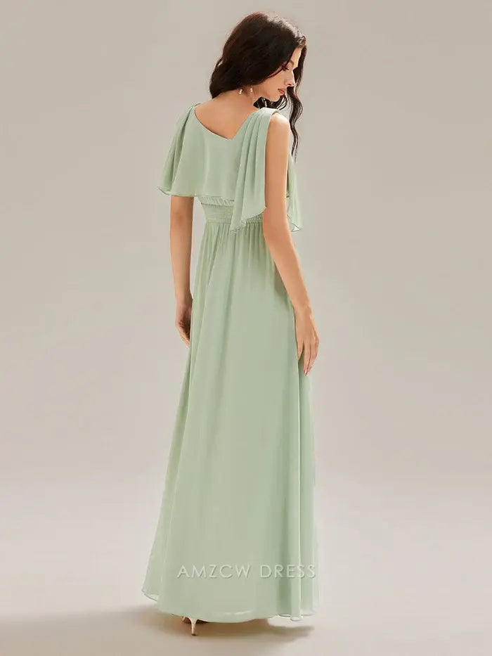 Elegant Sheath/Column Square Neck Draped Sleeve Maxi Dress with Side Slit Prom Dress