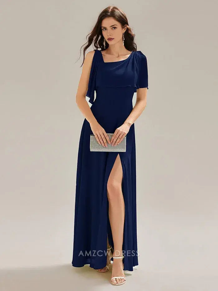 Elegant Sheath/Column Square Neck Draped Sleeve Maxi Dress with Side Slit Prom Dress