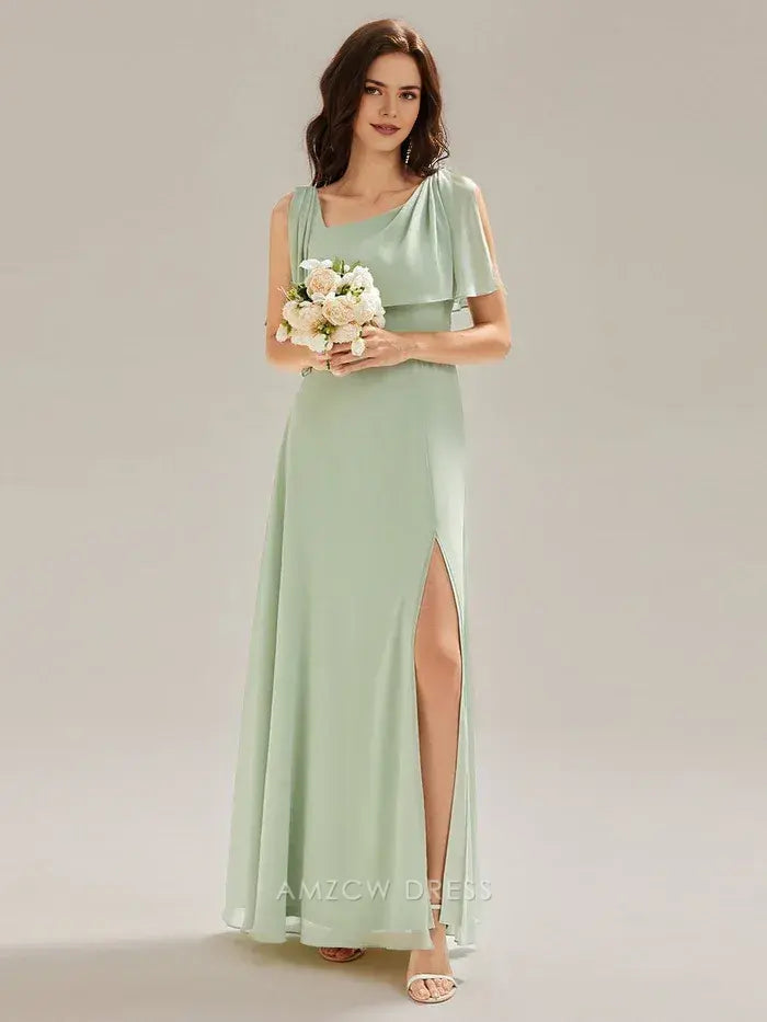 Elegant Sheath/Column Square Neck Draped Sleeve Maxi Dress with Side Slit Prom Dress