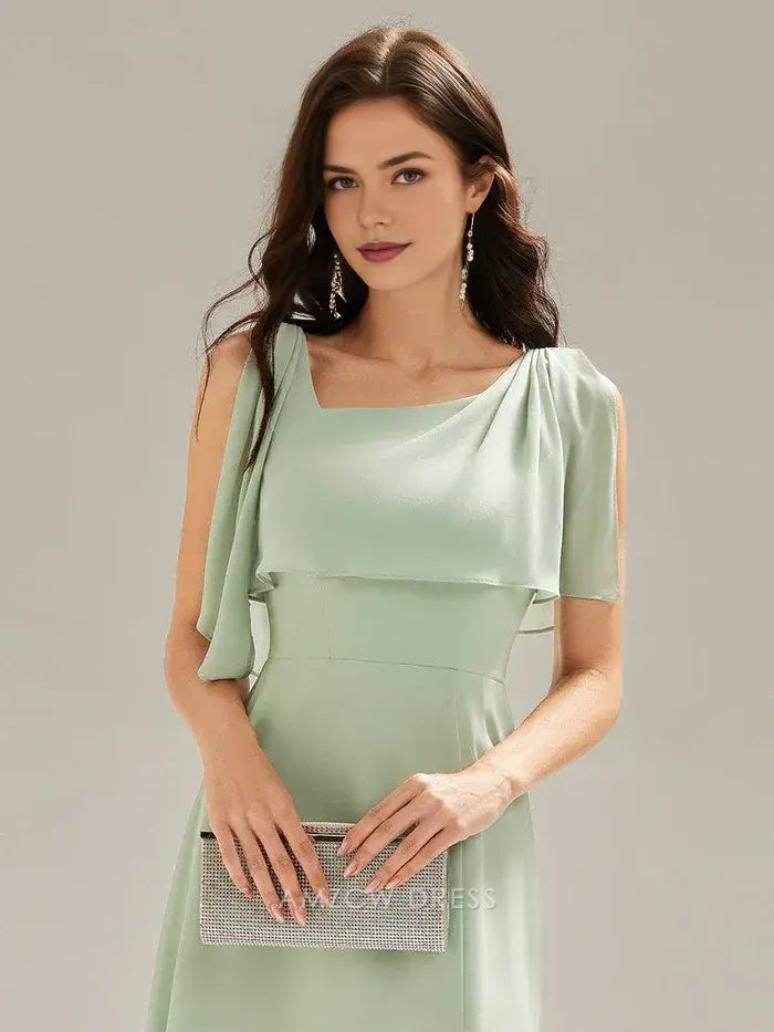 Elegant Sheath/Column Square Neck Draped Sleeve Maxi Dress with Side Slit Prom Dress
