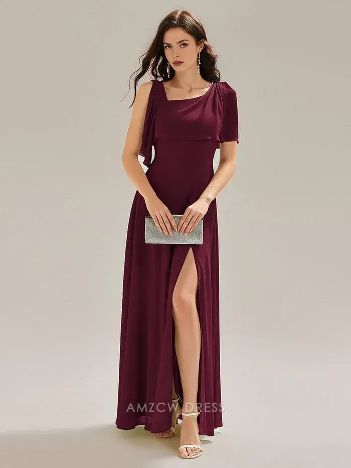 Elegant Sheath/Column Square Neck Draped Sleeve Maxi Dress with Side Slit Prom Dress