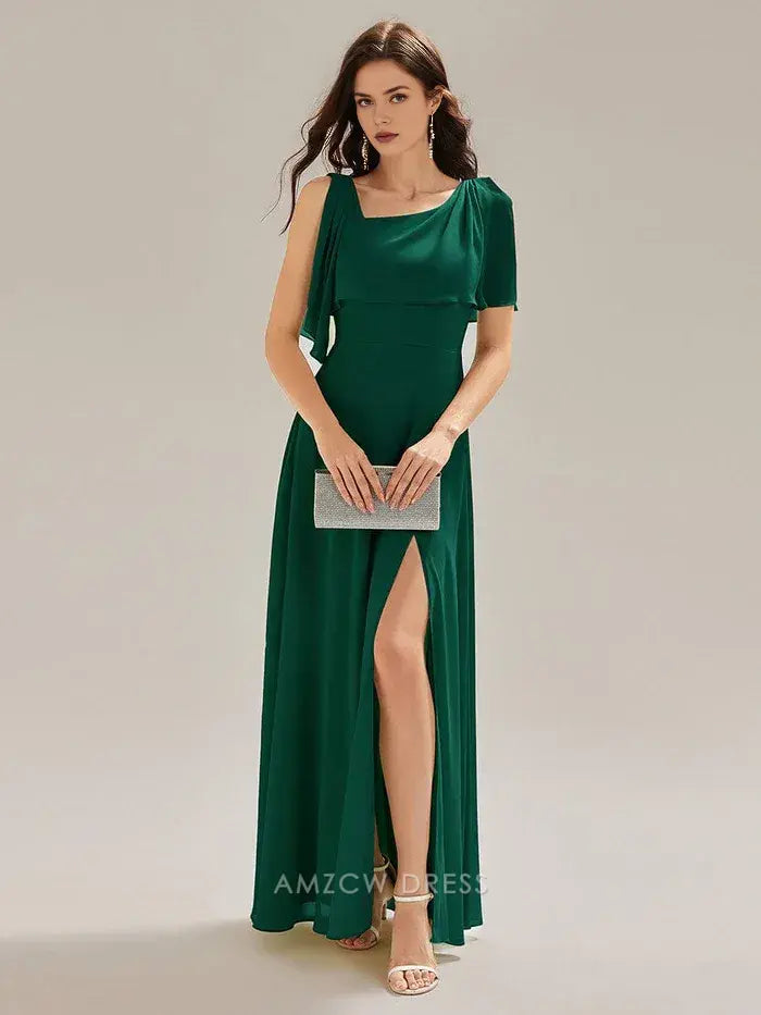 Elegant Sheath/Column Square Neck Draped Sleeve Maxi Dress with Side Slit Prom Dress