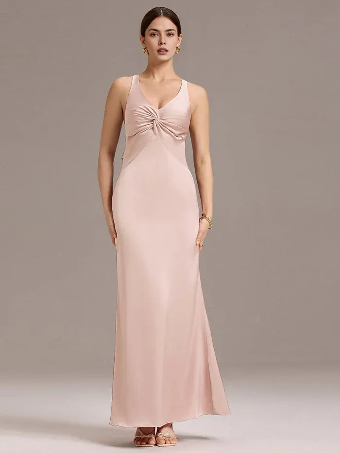 Elegant Sheath/Column V - Neck Knot Front Satin Maxi Dress with Crisscross Back and Bow Prom Dress