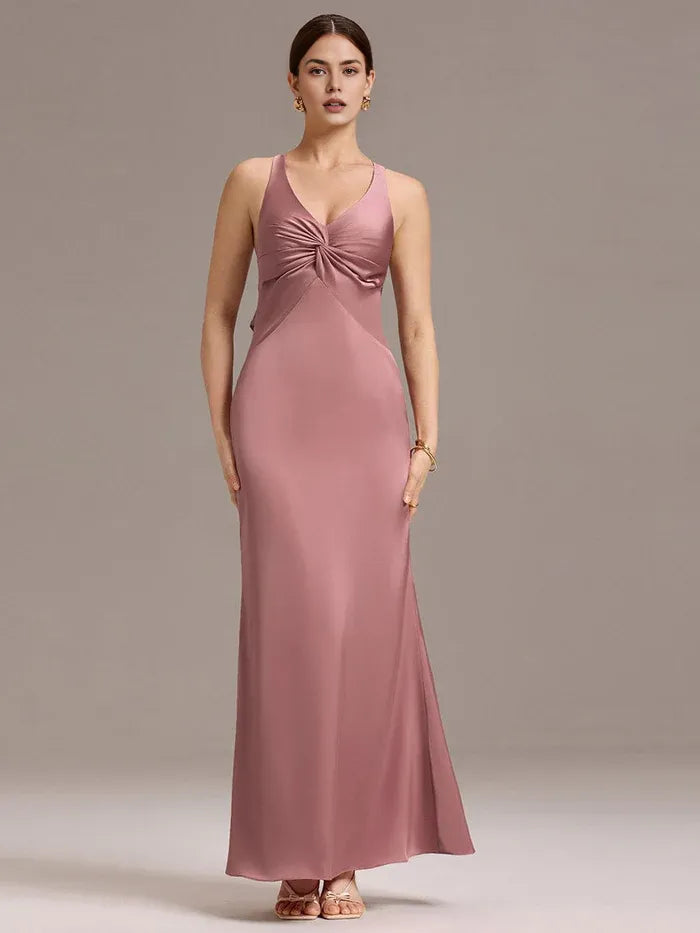 Elegant Sheath/Column V - Neck Knot Front Satin Maxi Dress with Crisscross Back and Bow Prom Dress
