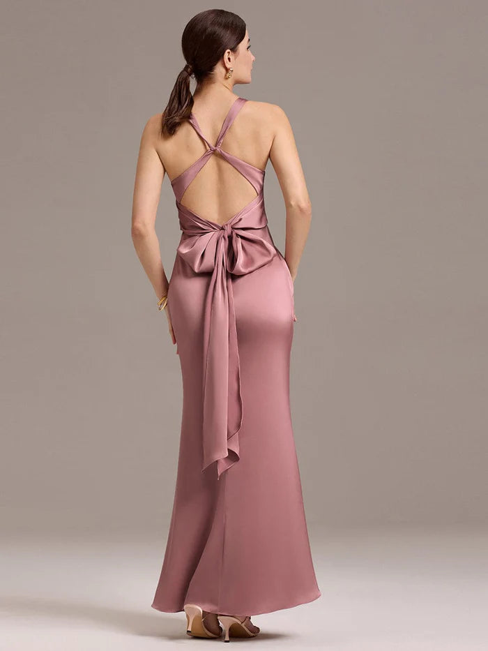 Elegant Sheath/Column V - Neck Knot Front Satin Maxi Dress with Crisscross Back and Bow Prom Dress