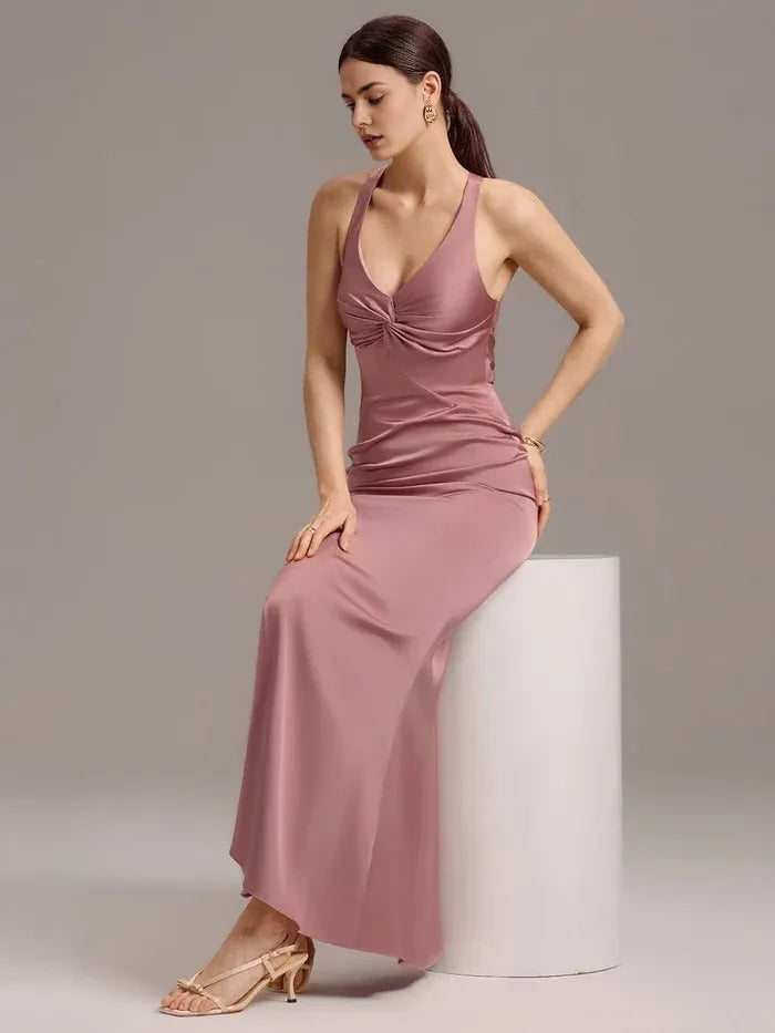 Elegant Sheath/Column V - Neck Knot Front Satin Maxi Dress with Crisscross Back and Bow Prom Dress