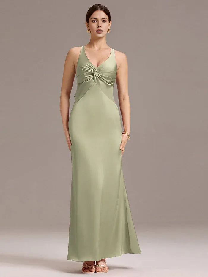 Elegant Sheath/Column V - Neck Knot Front Satin Maxi Dress with Crisscross Back and Bow Prom Dress