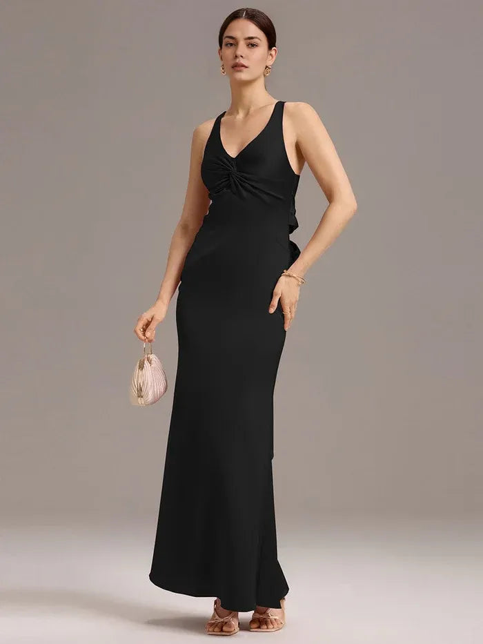 Elegant Sheath/Column V - Neck Knot Front Satin Maxi Dress with Crisscross Back and Bow Prom Dress