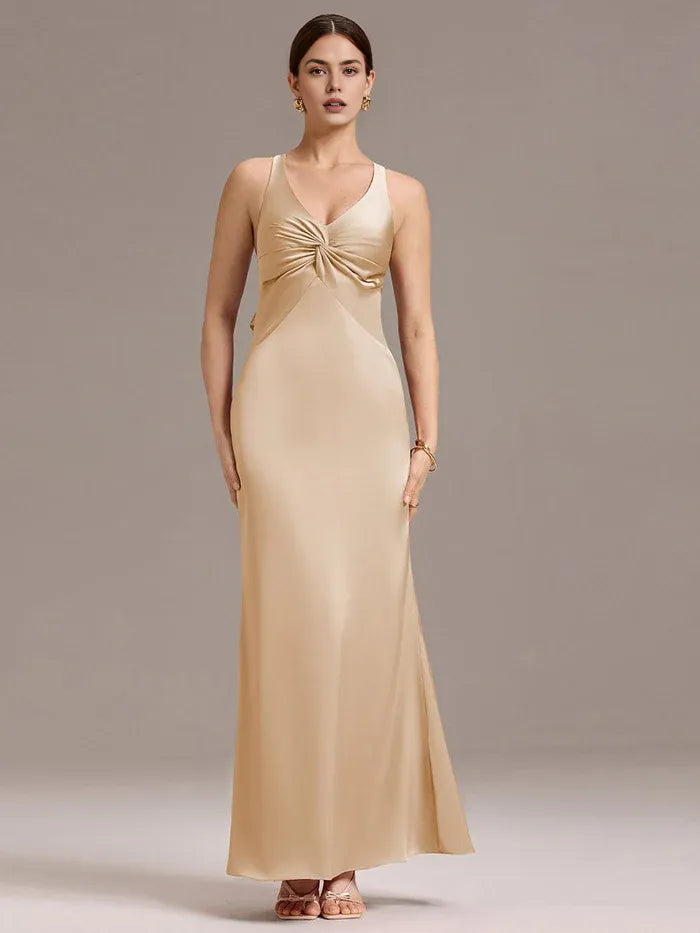 Elegant Sheath/Column V - Neck Knot Front Satin Maxi Dress with Crisscross Back and Bow Prom Dress