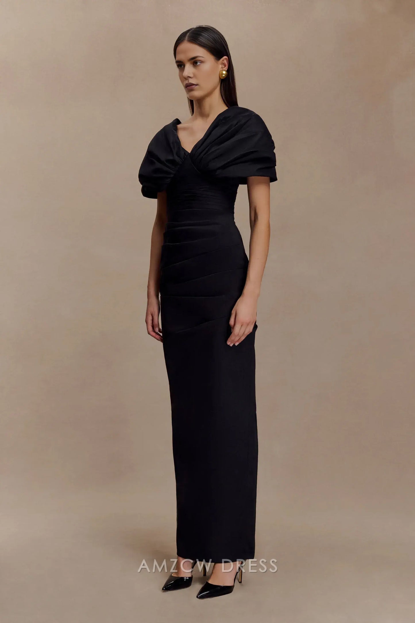 Elegant Sheath/Column V - Neck Puff Sleeve Maxi Dress with Back Slit Prom Dress