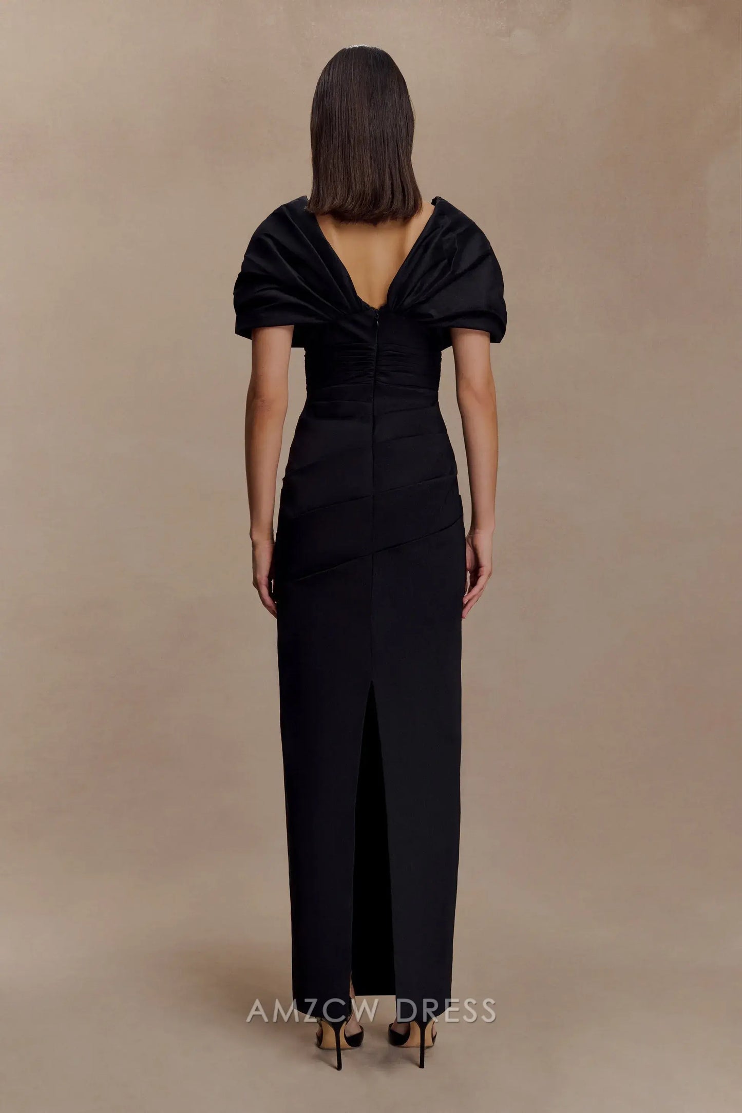 Elegant Sheath/Column V - Neck Puff Sleeve Maxi Dress with Back Slit Prom Dress