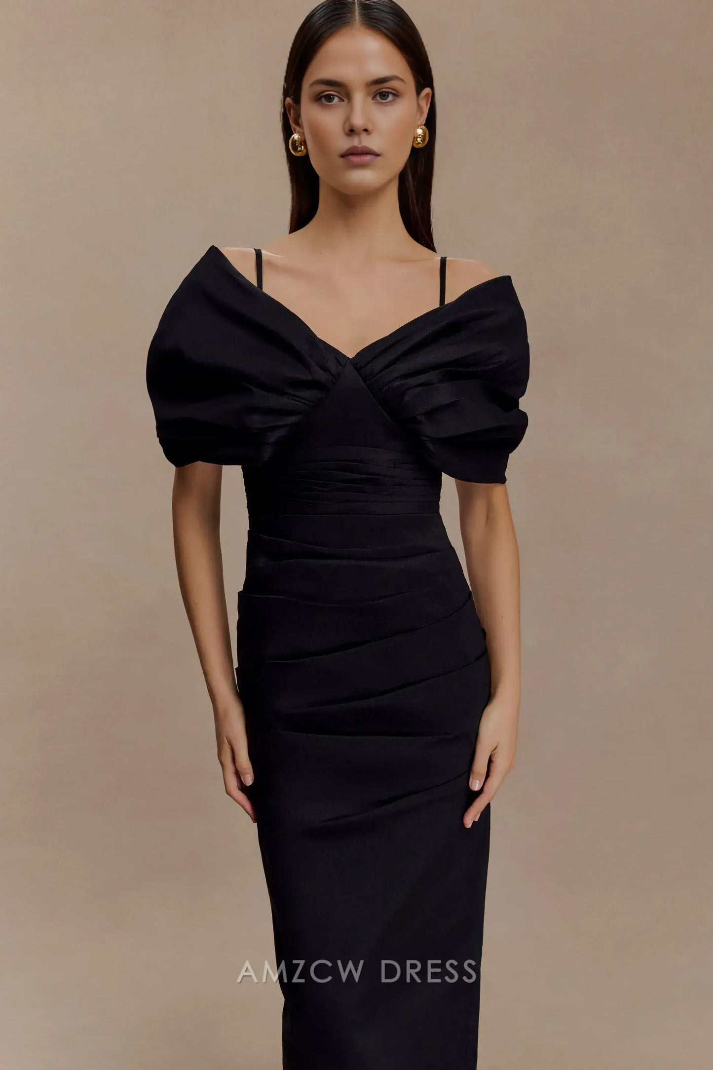 Elegant Sheath/Column V - Neck Puff Sleeve Maxi Dress with Back Slit Prom Dress