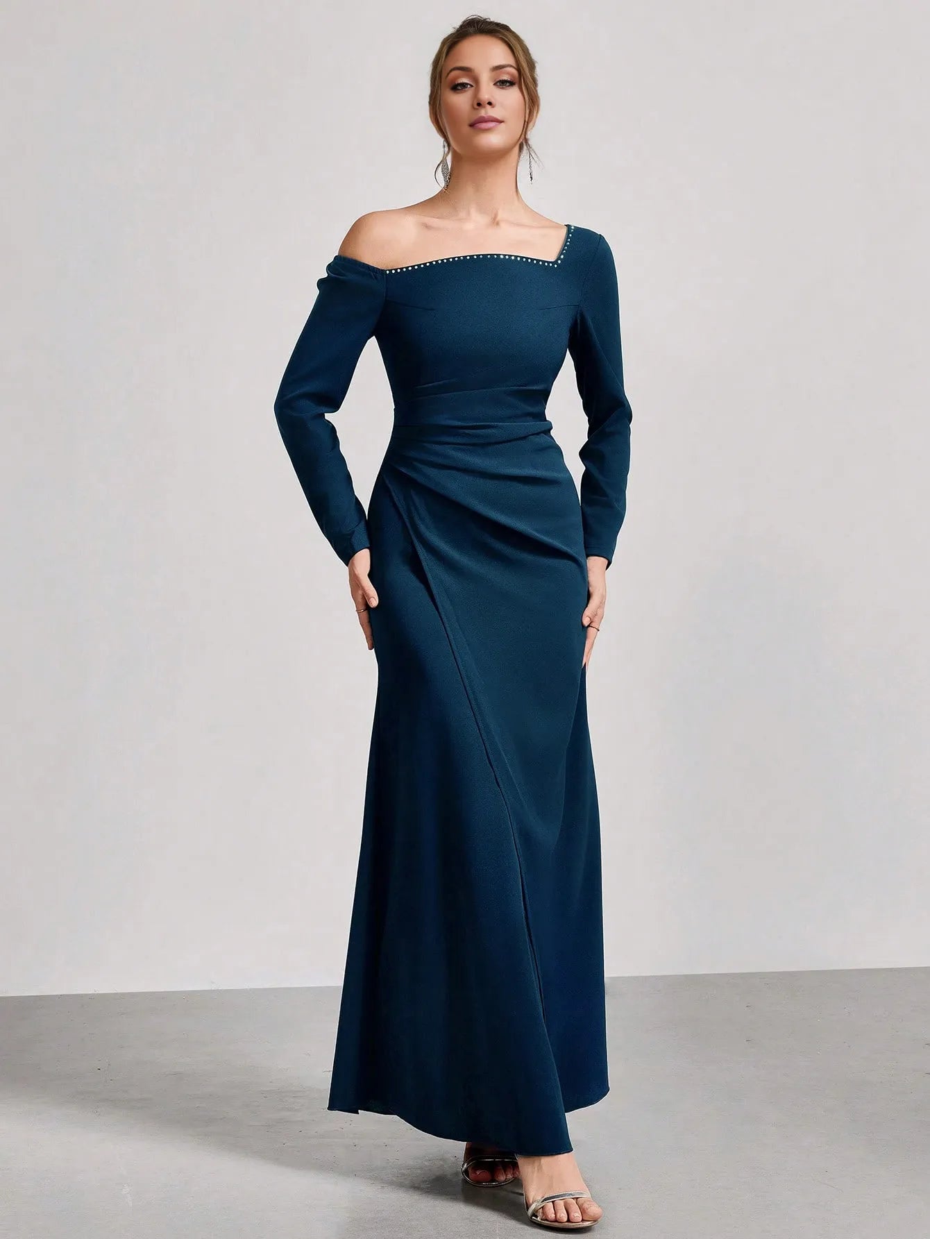 Elegant Teal One-Shoulder Off-The-Shoulder Long Sleeve Stud-Accent Fitted Mermaid Floor-Length Formal Gown Prom Dress