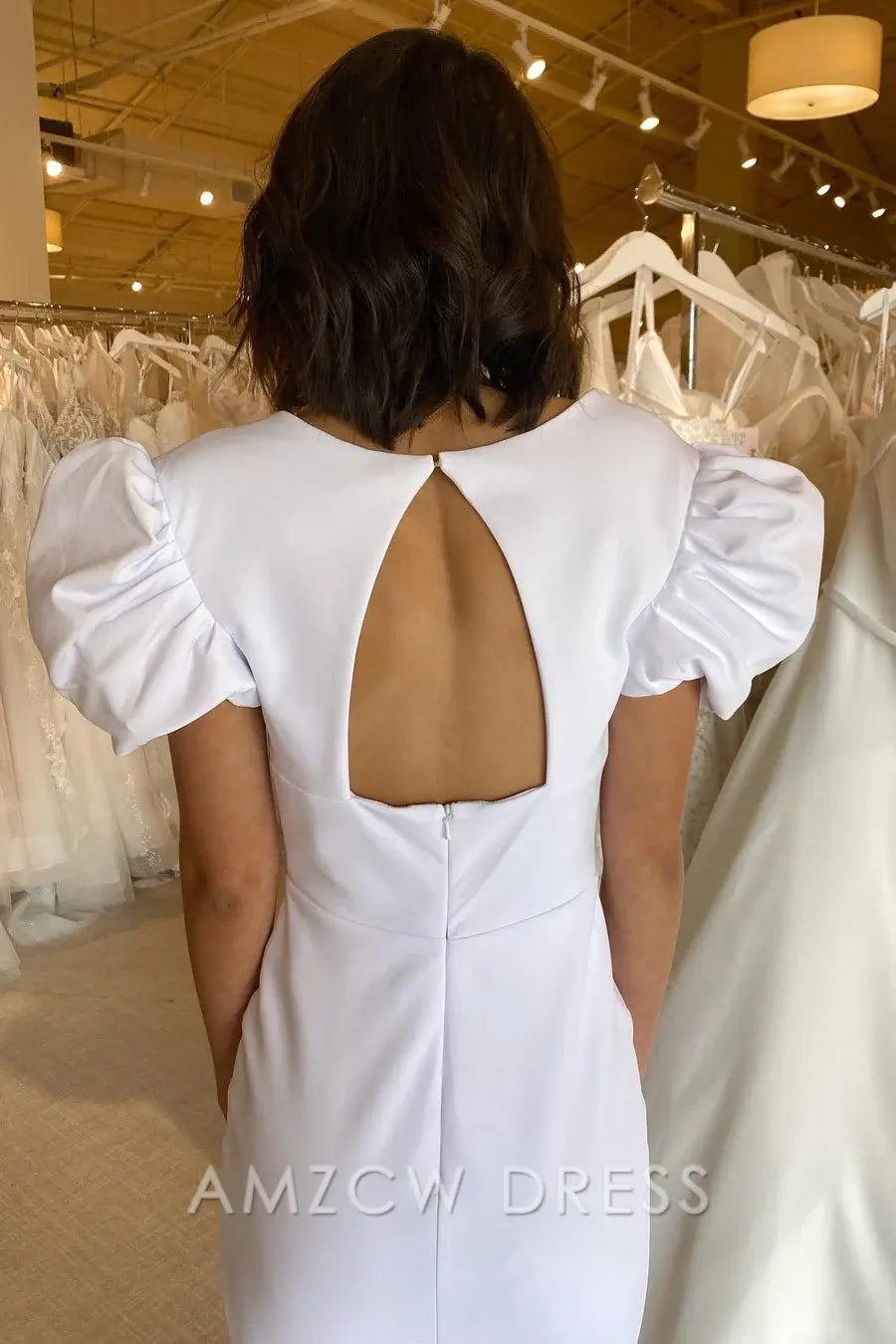 Amzcw Elegant White Plunge V Cutout Back Mermaid Long Formal Dress