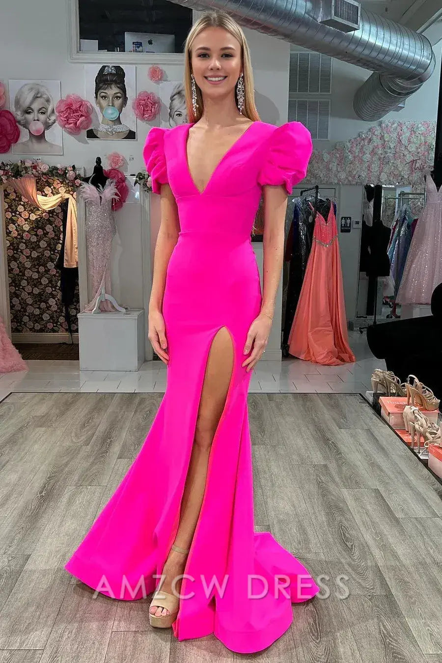 Amzcw Elegant White Plunge V Cutout Back Mermaid Long Formal Dress