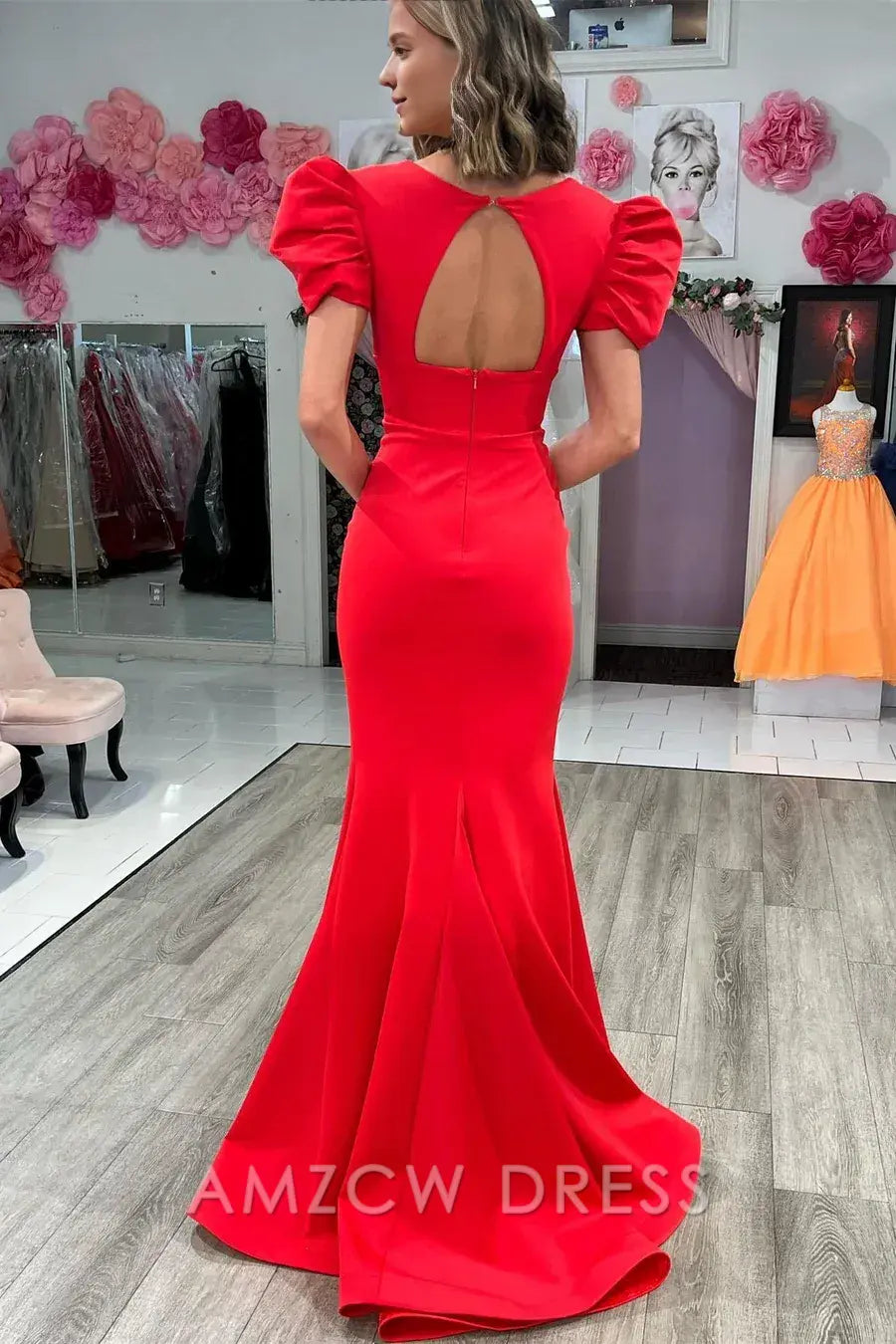 Amzcw Elegant White Plunge V Cutout Back Mermaid Long Formal Dress