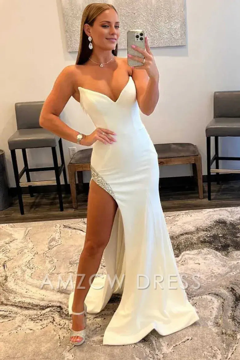 Amzcw Elegant White Strapless Mermaid Long Prom Dress with Bead Trimmed Slit