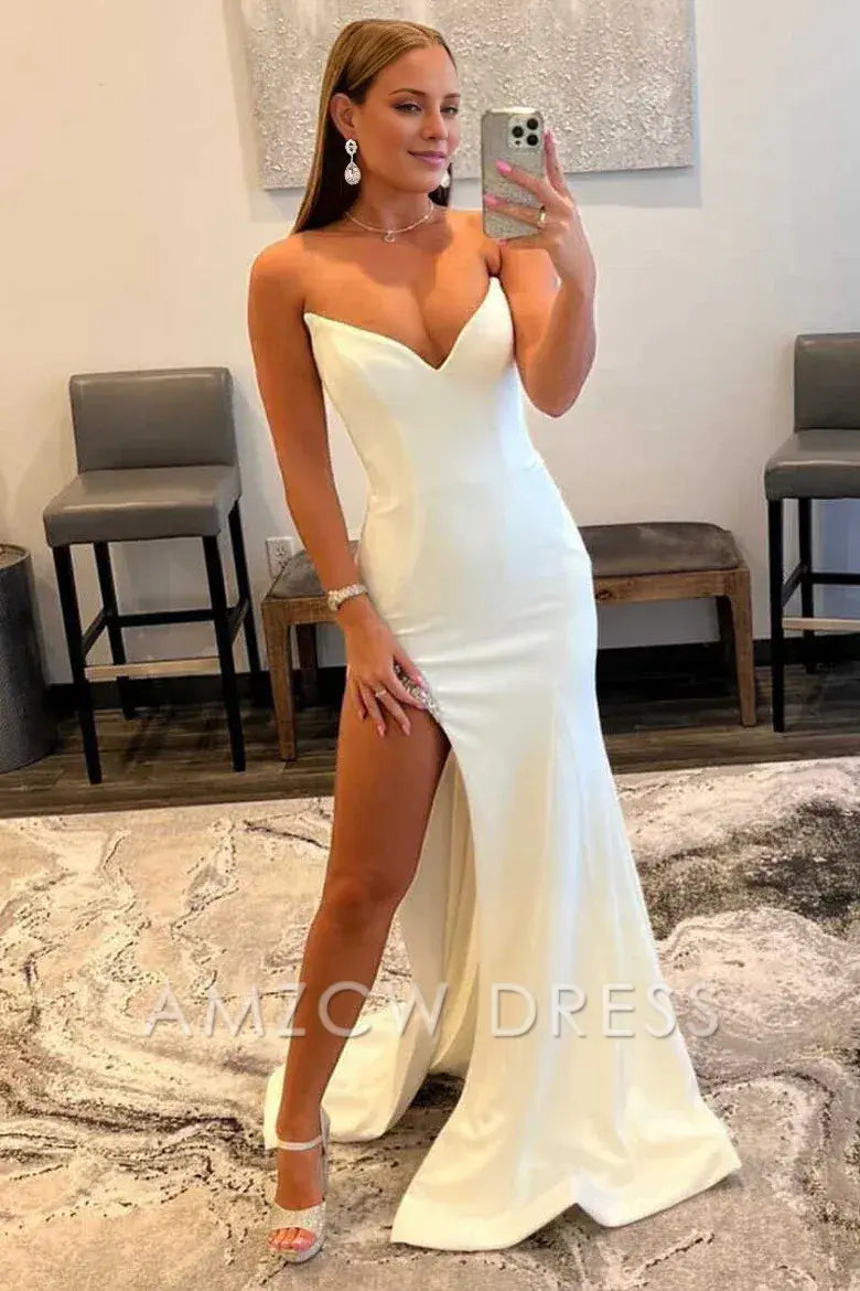 Amzcw Elegant White Strapless Mermaid Long Prom Dress with Bead Trimmed Slit