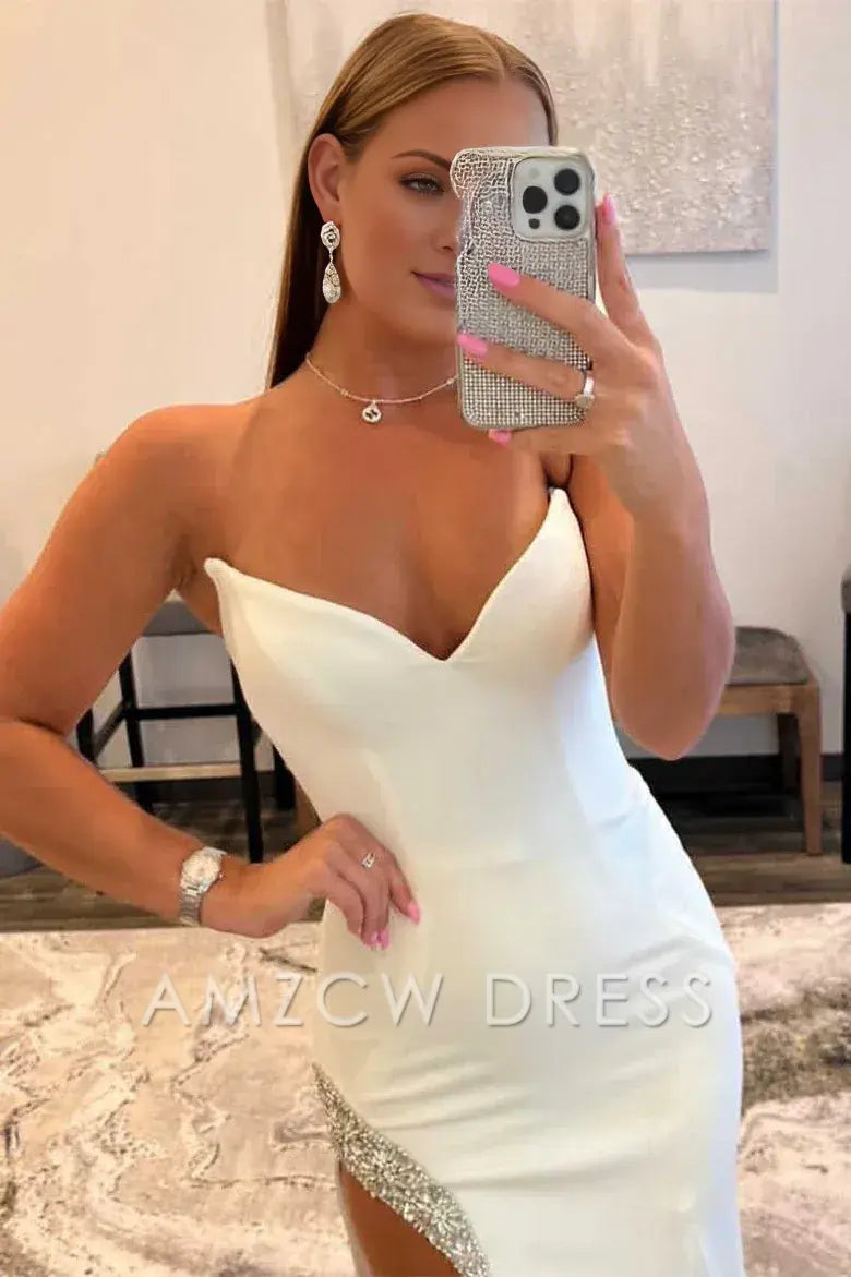 Amzcw Elegant White Strapless Mermaid Long Prom Dress with Bead Trimmed Slit