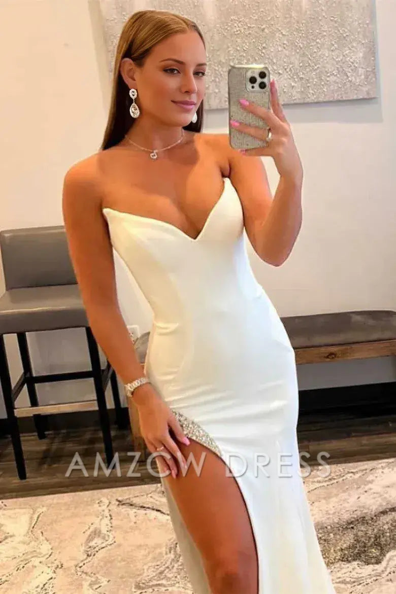 Amzcw Elegant White Strapless Mermaid Long Prom Dress with Bead Trimmed Slit