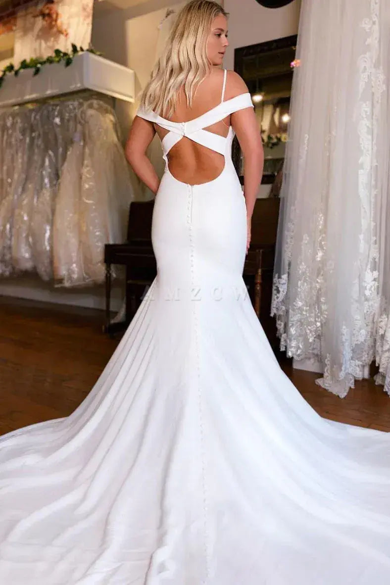 Amzcw Elegant White satin mermaid long prom dress white evening dress formal wear dresses