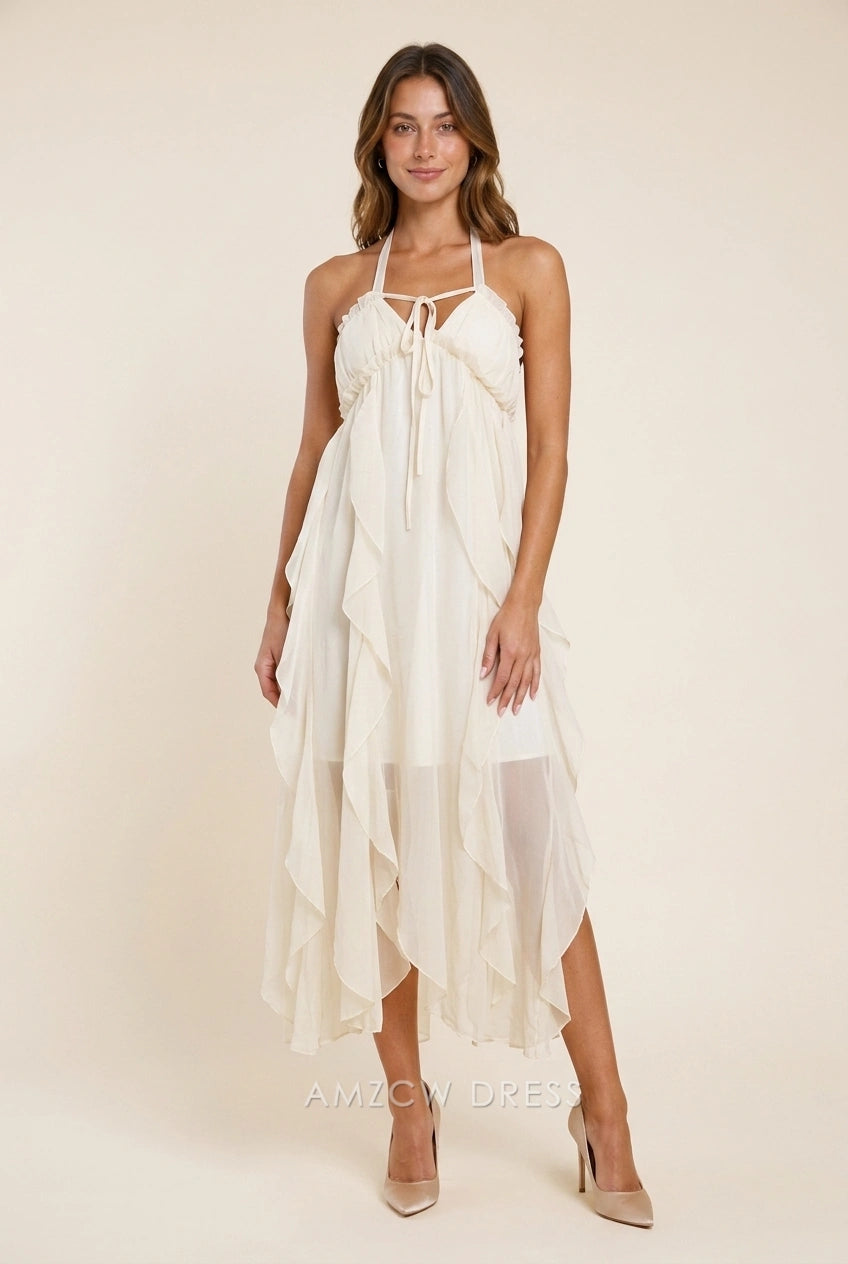 Elegant A-Line Halter Ruffled Backless Light Beige Midi Prom Dresses