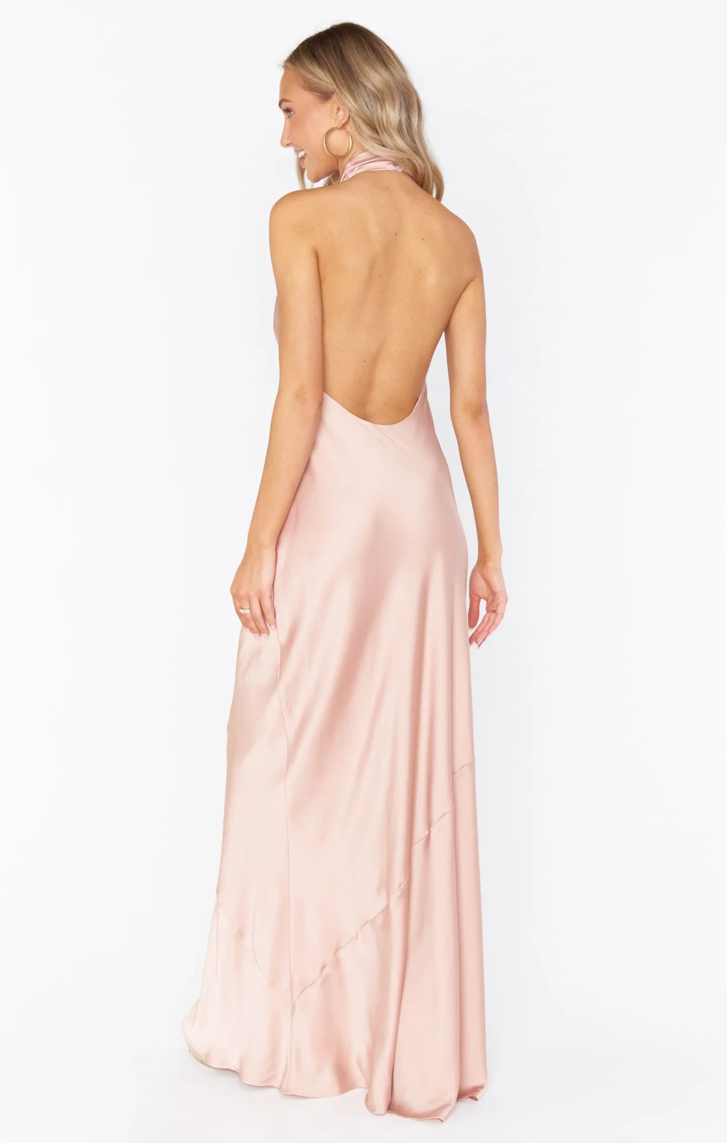 Elegant A-Line Halter Sleeveless Backless Draped Blush Floor-Length Prom Dresses