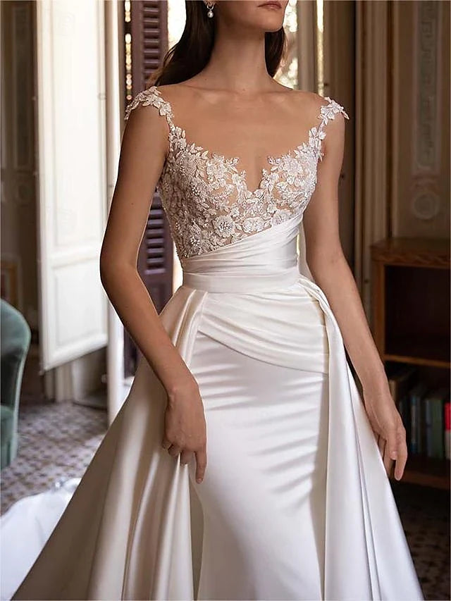 Elegant A-Line Illusion Sweetheart Cap Sleeve Romantic Ivory Floor-Length Prom Gown
