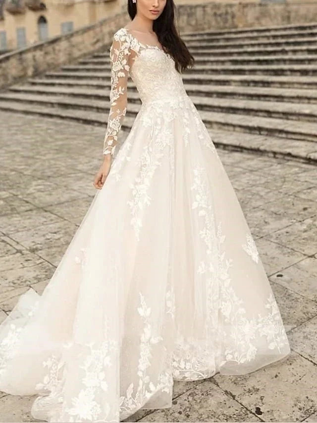 Elegant A-Line Illusion Sweetheart Long Sleeve Romantic Floral Ivory Floor-Length Prom Dress