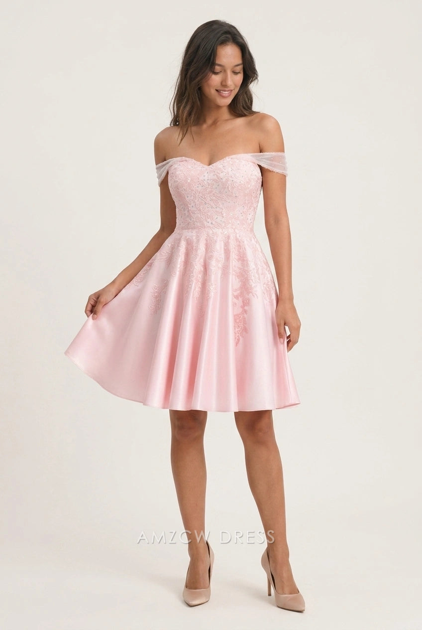 Elegant A-Line Off-Shoulder Embroidered Lace-Up Pink Short Homecoming Dress