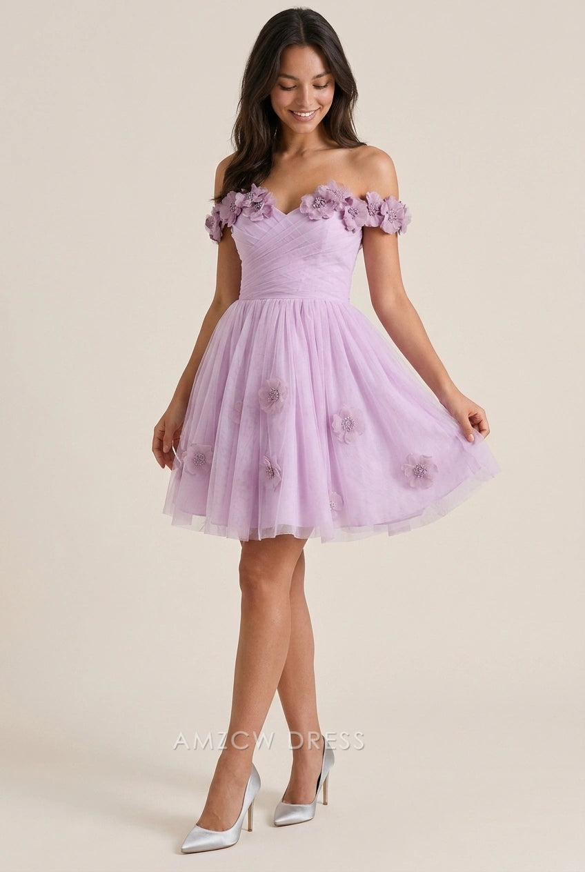 Elegant A-Line Off-Shoulder Floral Appliqué Ruched Lavender Short Homecoming Dresses
