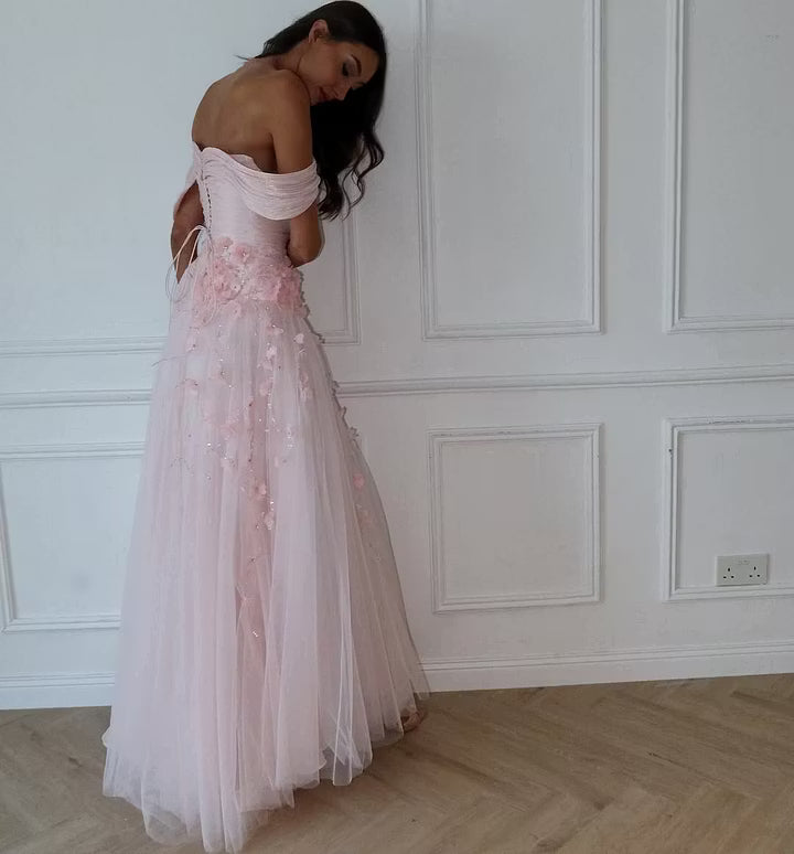 Elegant A-Line Off-Shoulder Floral Ruched Light Pink Floor-Length Prom Dress for Women