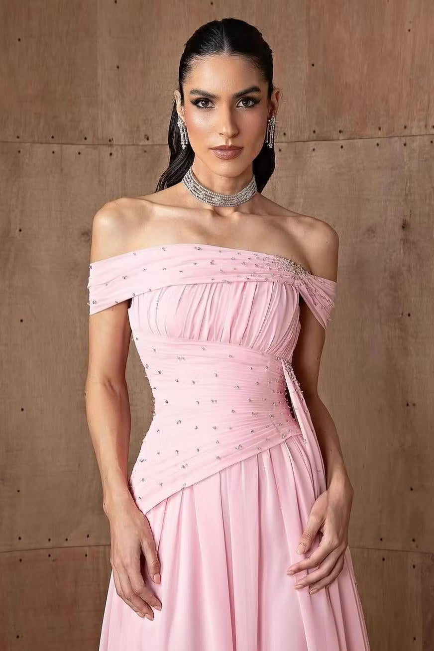 Elegant A-Line Off-Shoulder Ruched Beaded Blush Pink Floor-Length Prom Dresses Gown