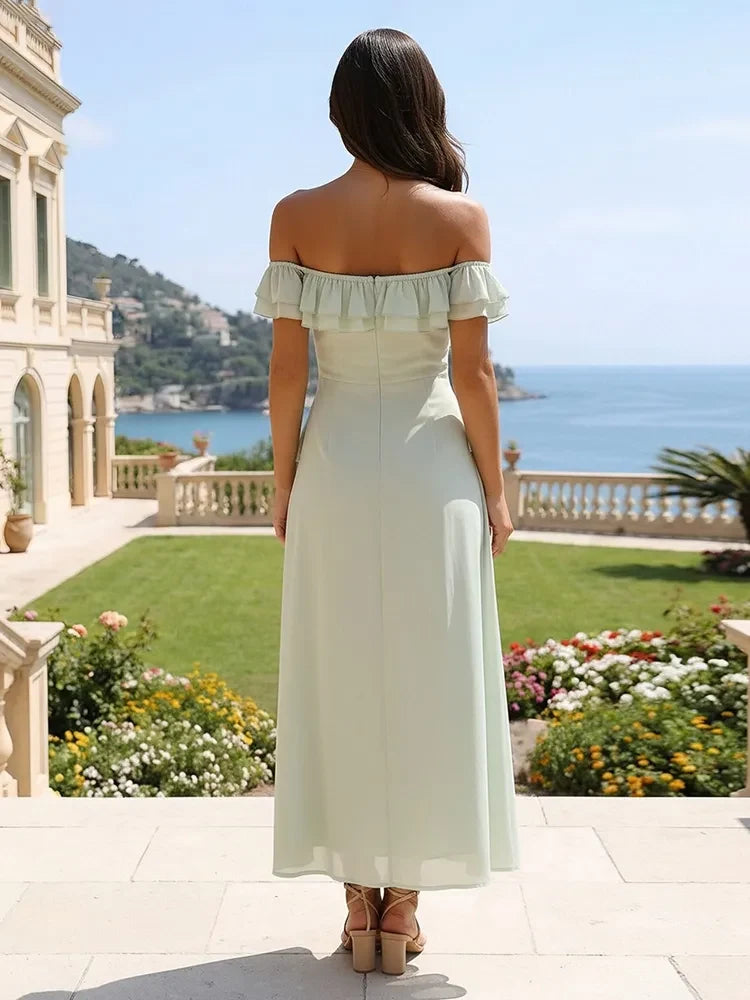 Elegant A-Line Off-Shoulder Ruffled Sage Green Midi Prom Dress Women's
